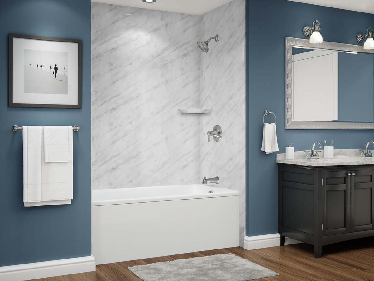 Carrara Bella Stone walls in a finished bath